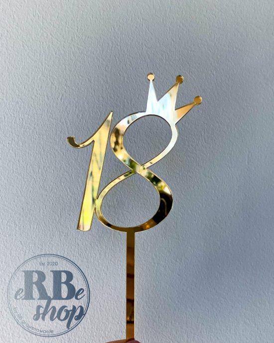 Złoty lustrzany cake topper na 18 urodziny z napisem 18 i koroną